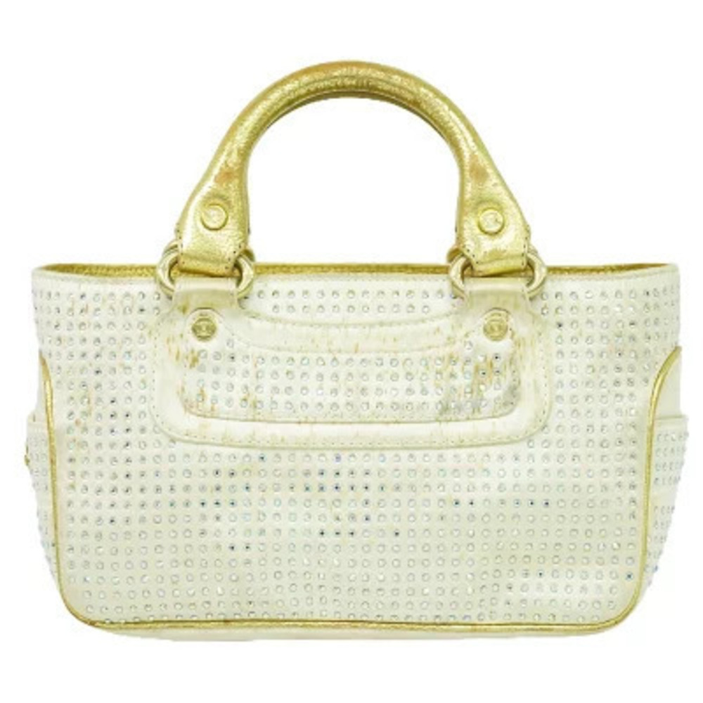 Celine Boogie Bag Rhinestone Handbag Satin White Gold